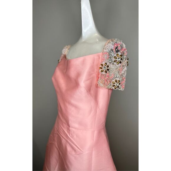 NWT Reem Acra Mikado Soft Kaftan Embroidered Tulle Beaded Sleeve Gown Sz 4 $3200